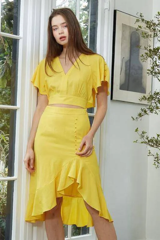 Women's Tie Waist Cape Sleeve Cropped Blouse in Yellow Feminine Tie Blouse