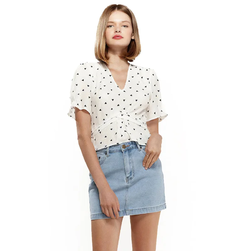 Women's Triangle Print Puff Sleeve Blouse in White triangle Vintage Polka Blouse