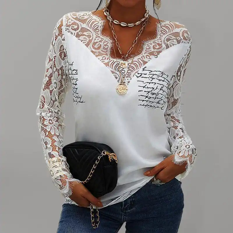 Women’s V Neck Lace Trim Long Sleeve Blouse Top Smart Casual Blouse