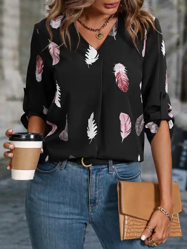 Women’s Woven V-Neck Feather Print Cropped Sleeve Loose Blouse Floral Chiffon Blouse