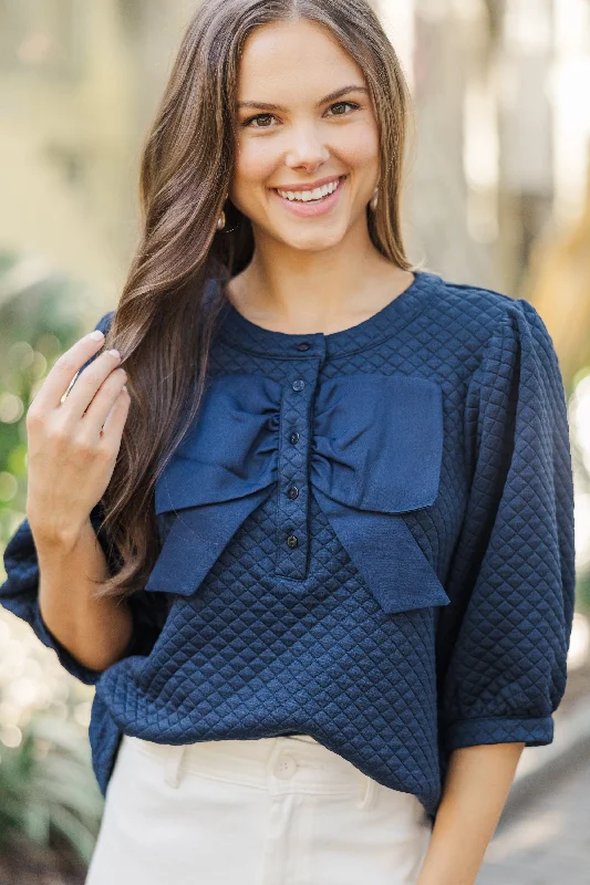 All That You Know Navy Blue Textured Blouse Frilled Cuff Blouse