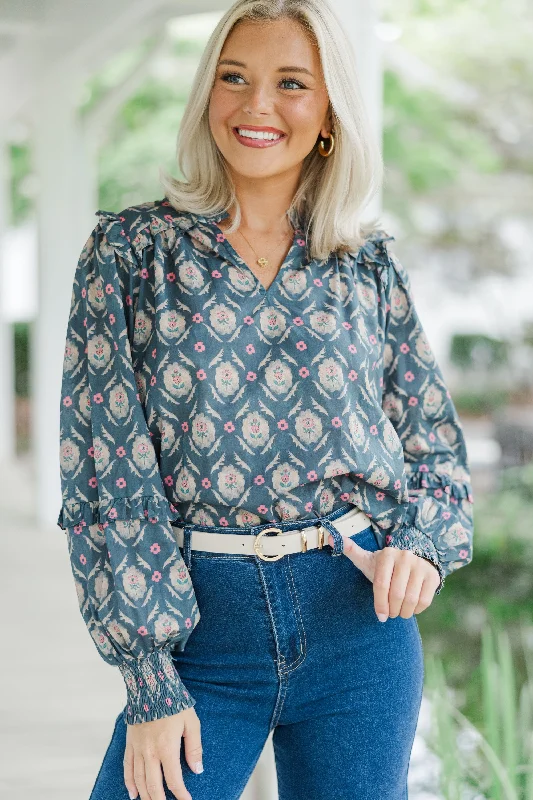 All Worth It Navy Blue Medallion Blouse Elegant Office Blouse