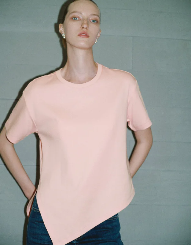 Asymmetric Hem Crew Neck Knitted T-Shirt Fitted T-Shirt Seamless Stretchy