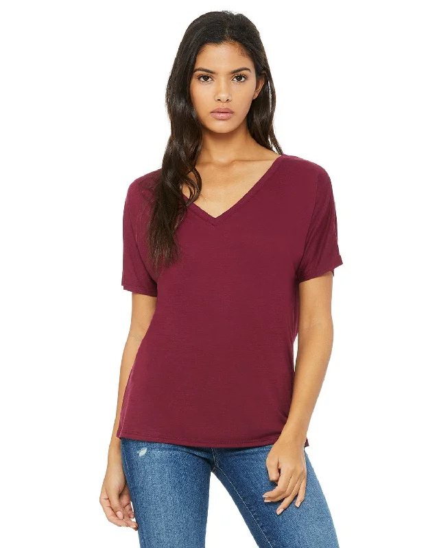 Bella+Canvas Ladies Flowy Simple V-Neck T-Shirt | Maroon Print Jacquard Patchwork