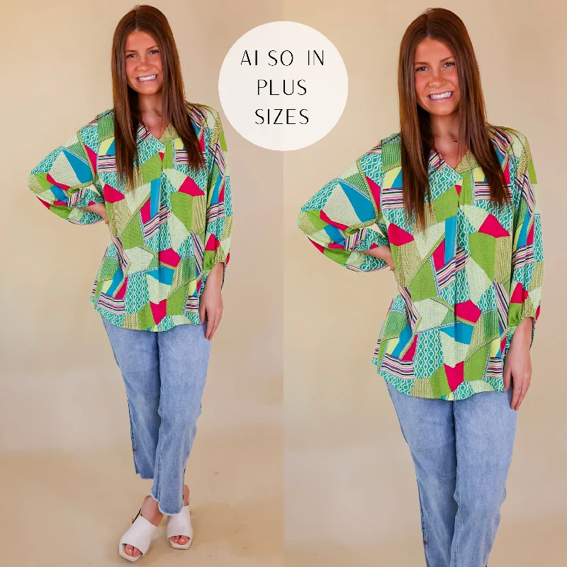 Eyes On Paradise Mix Patch Print Blouse with 3/4 Sleeves in Green Mix Double Button Blouse