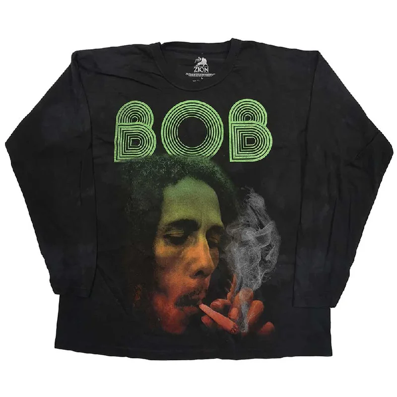 Bob Marley Unisex Long Sleeved T-Shirt: Smoke Gradient (Dip-Dye) Notch Collar Peter Pan Collar Cowl Neck Bob Marley Unisex Long Sleeved T-Shirt: Smoke Gradient (Dip-Dye) Notch Collar Peter Pan Collar Cowl Neck