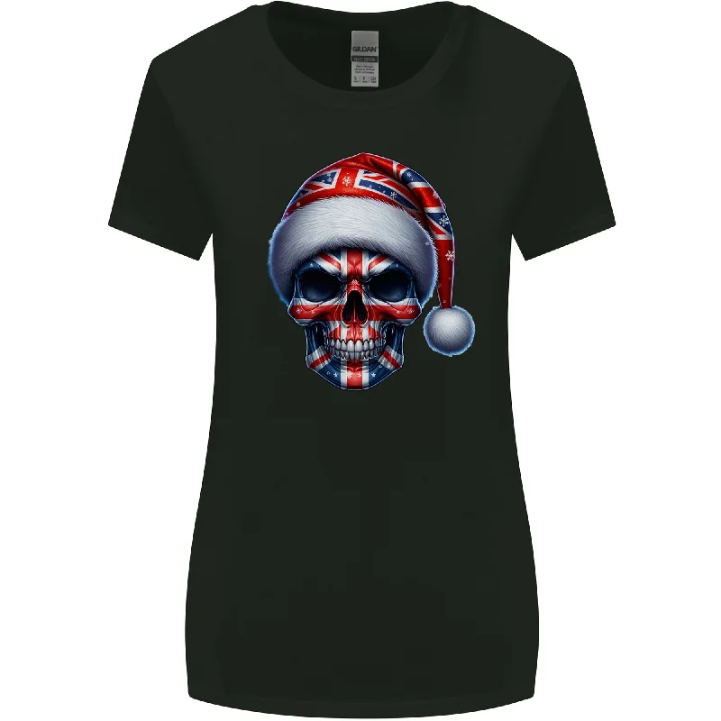 Britain Christmas Skull British UK Flag Union Jack Womens Wider Cut T-Shirt Satin Blend Silk Blend Wool Blend