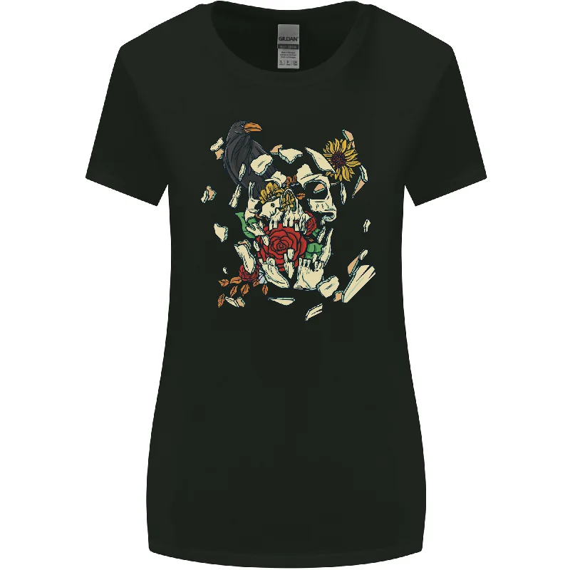 Broken Skull With Roses & Raven Womens Wider Cut T-Shirt Welt Pockets Slit Pockets Flap Pockets Broken Skull With Roses & Raven Womens Wider Cut T-Shirt Welt Pockets Slit Pockets Flap Pockets