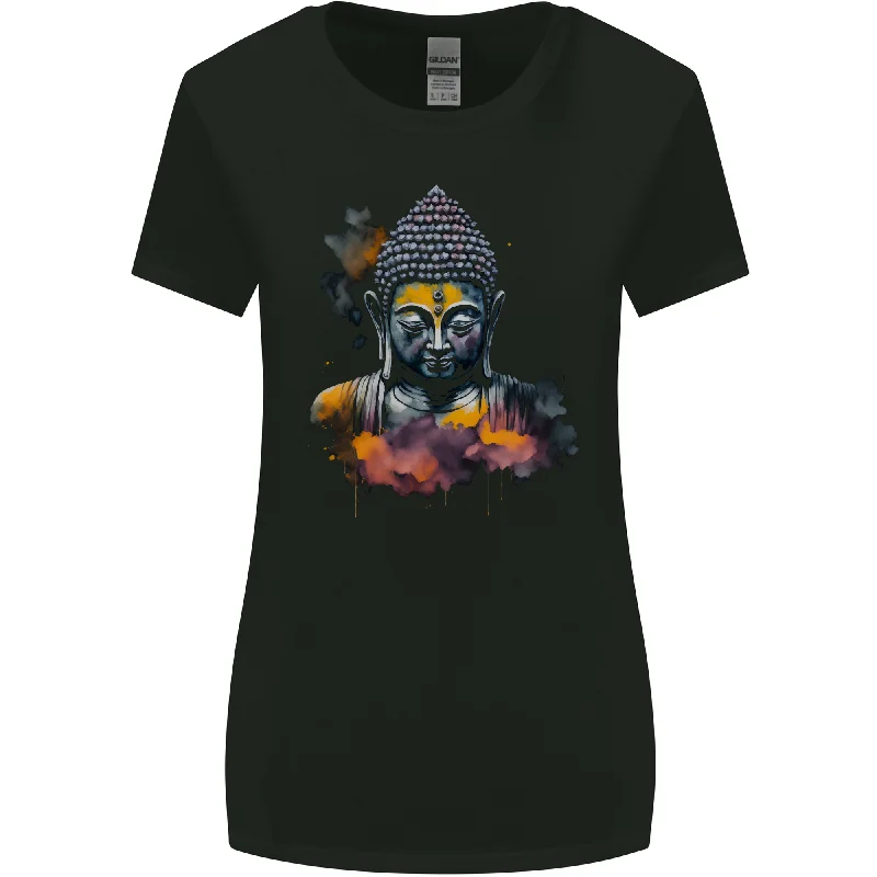 Buddha Watercolour Womens Wider Cut T-Shirt Hooded Caped Shawl Collar