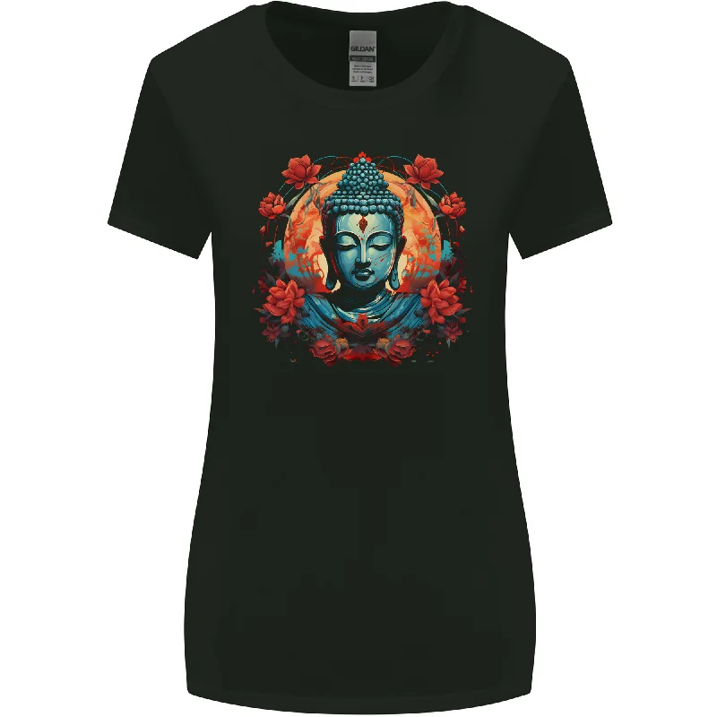 Buddha With Lotus Flowers Womens Wider Cut T-Shirt Mesh Canvas Denim