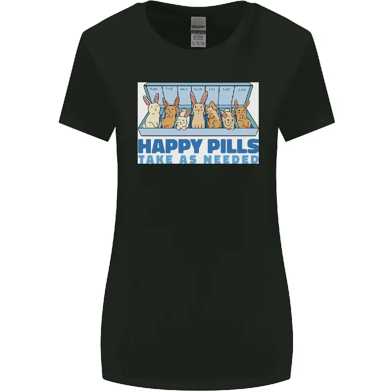 Bunny Rabbit Happy Pills Antidepressant Womens Wider Cut T-Shirt Hooded Caped Shawl Collar Bunny Rabbit Happy Pills Antidepressant Womens Wider Cut T-Shirt Hooded Caped Shawl Collar