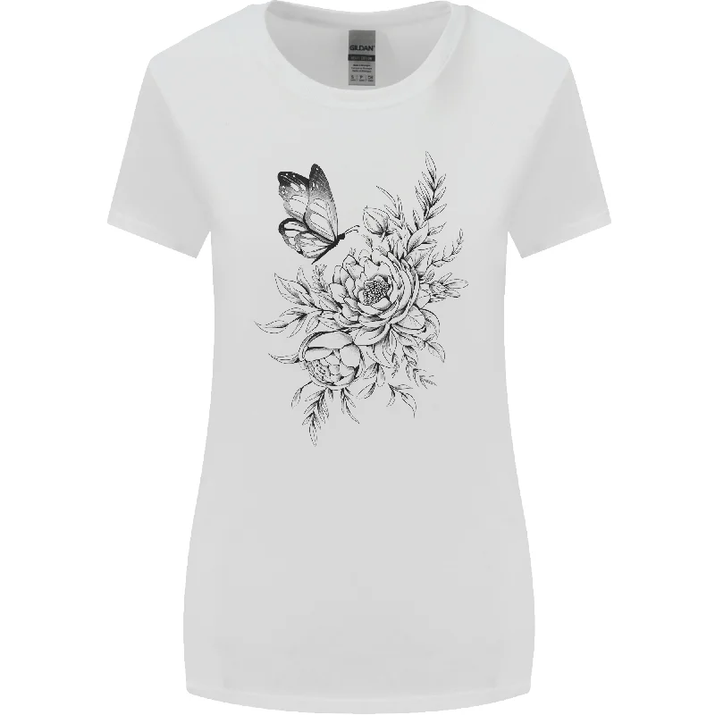 Butterfly & Flowers Womens Wider Cut T-Shirt Zippered Front Buttoned Front Snap Front Butterfly & Flowers Womens Wider Cut T-Shirt Zippered Front Buttoned Front Snap Front