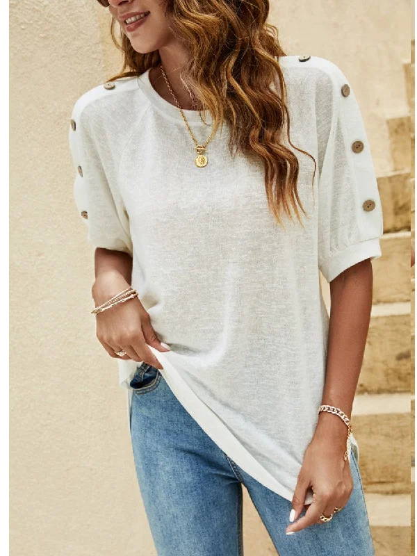 Button-Shoulder Relaxed T-Shirt Top Rayon Velvet Corduroy
