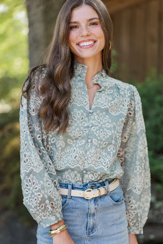 Can't Get Away Dark Sage Eyelet Blouse Off-Shoulder Wrap Blouse