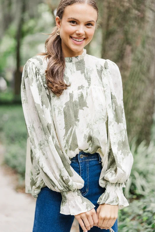 Check You Out Olive Green Abstract Chiffon Blouse Lightweight Linen Blouse