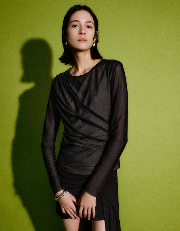 Crew Neck Skinny T-Shirt Asymmetrical Pockets Print