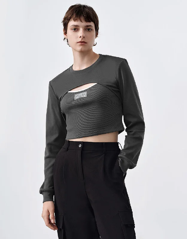 Cut-Out Crew Neck Knitted T-Shirt Print Jacquard Patchwork