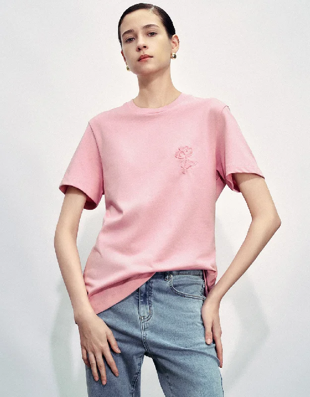 Flower Embossed Crew Neck T-Shirt Wool Fabric Cashmere Fabric Tweed Fabric
