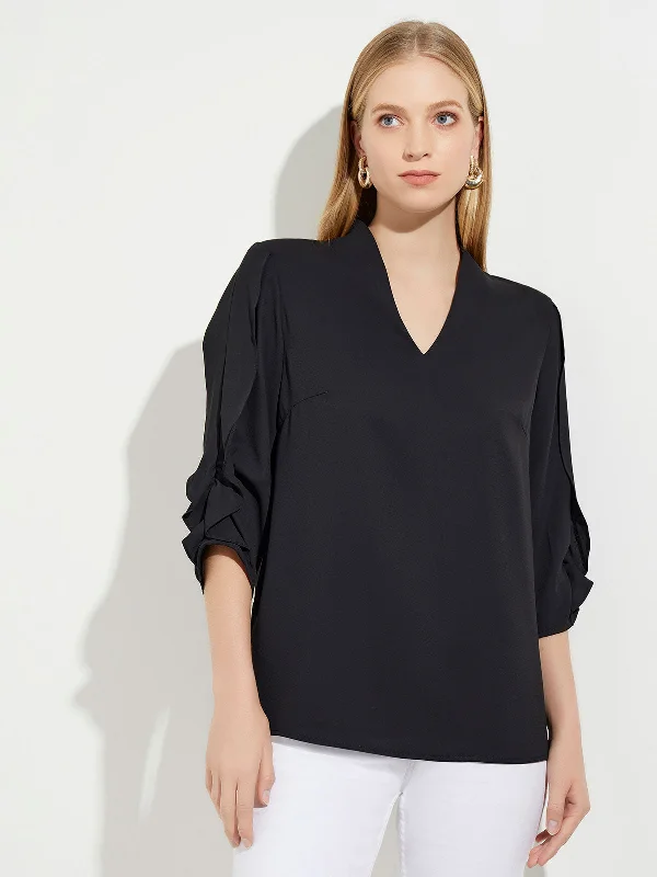 Gathered Tulip Sleeve Crepe de Chine Blouse Asymmetric Hem Blouse