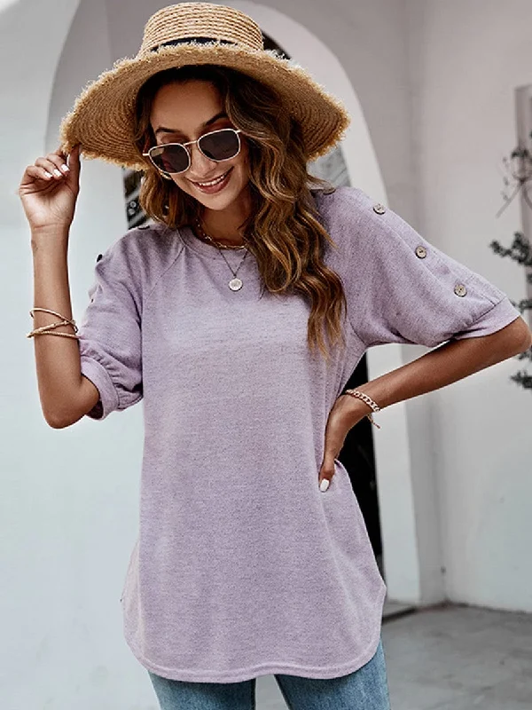 Half Sleeve Button Accent T-Shirt Chenille Blend Fleece Blend Nylon Blend