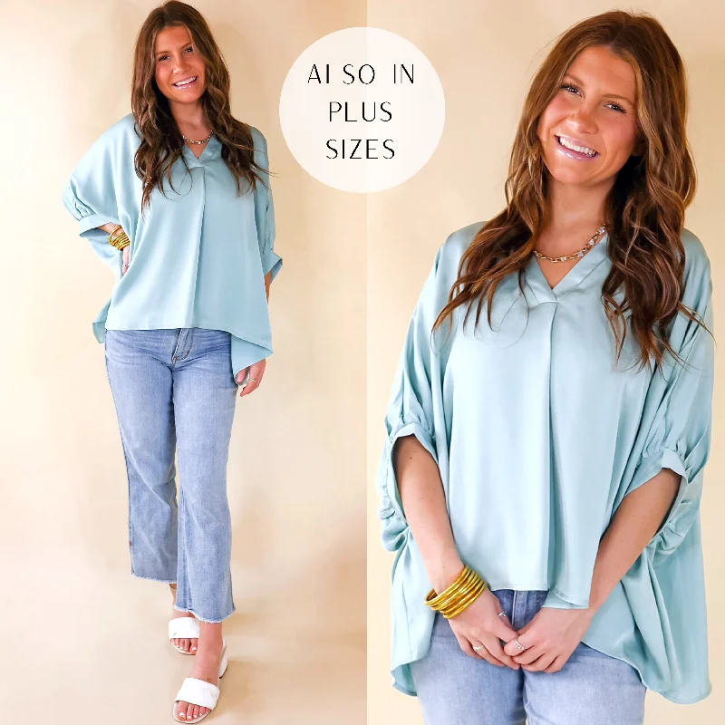 Irresistibly Chic Half Sleeve Oversized Blouse in Mint Blue Modern Work Blouse