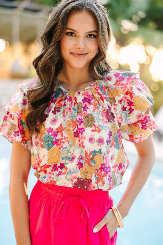 Hear Me Out Fuchsia Pink Floral Blouse Playful Puff Blouse