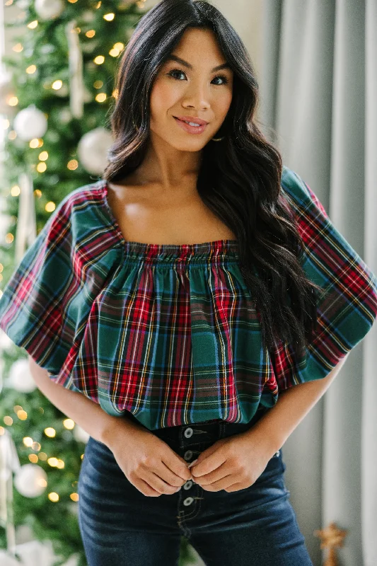 In Your Heart Emerald Green Tartan Plaid Blouse Slim Fit Blouse