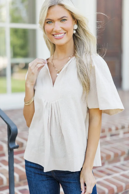 Just A Theory Taupe Brown Cotton Blouse Elegant Embroidery Blouse