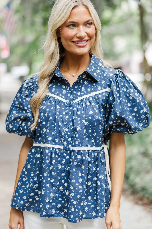 Know Your Worth Navy Blue Ditsy Floral Blouse Sleeveless Chiffon Blouse