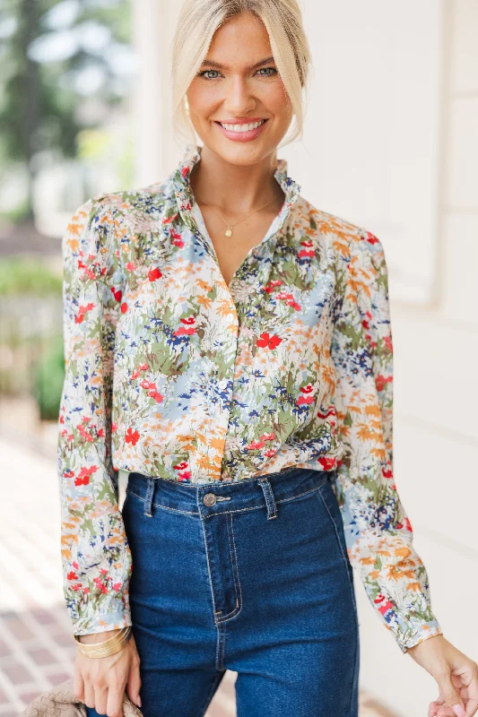 Leave It All Behind White Multi Floral Blouse Soft Satin Blouse