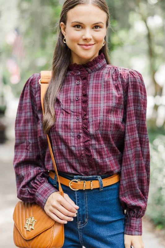 Leave It All Behind Wine Red Plaid Blouse Mandarin Collar Blouse