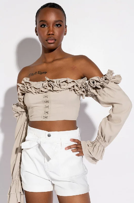 MODERN ROMANCE RUFFLE OFF THE SHOULDER CROPPED BLOUSE Versatile Layering Blouse