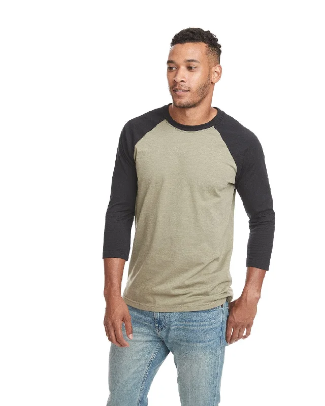 Next Level Unisex CVC 3/4 Sleeve Raglan Baseball T-Shirt | Black/ Olive Graphic Embroidered Appliqued Next Level Unisex CVC 3/4 Sleeve Raglan Baseball T-Shirt | Black/ Olive Graphic Embroidered Appliqued
