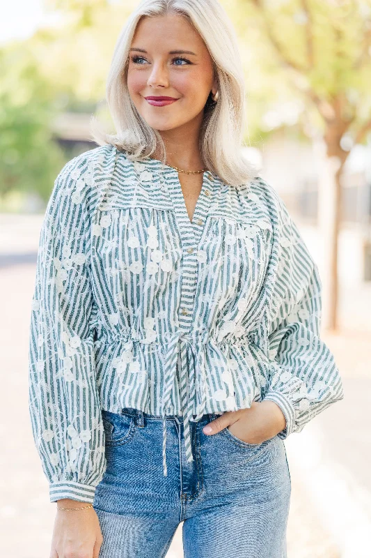 Not Just Talk Hunter Green Striped Blouse Chic Square Blouse