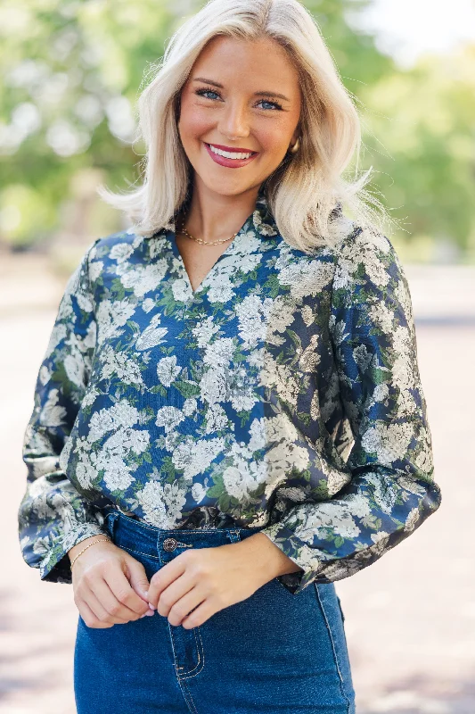 On Your Mind Navy Blue Floral Brocade Blouse Cotton Casual Blouse