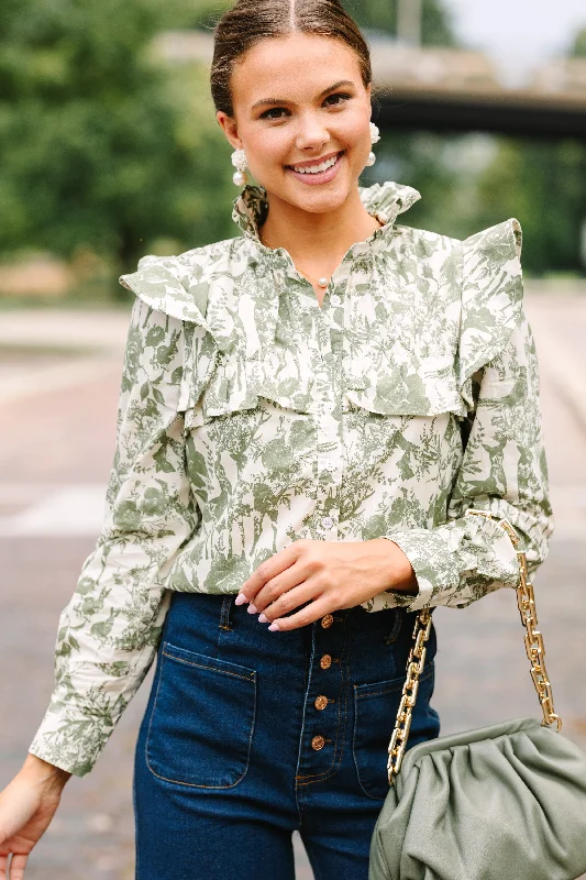 On Your Time Olive Green Toile Button Down Blouse Sleeveless Summer Blouse