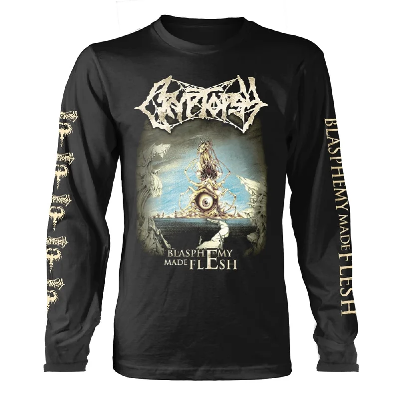 Cryptopsy Unisex Long Sleeved T-shirt: Blasphemy Made Flesh (back print Mesh Blend Leather Blend Suede Blend Cryptopsy Unisex Long Sleeved T-shirt: Blasphemy Made Flesh (back print Mesh Blend Leather Blend Suede Blend