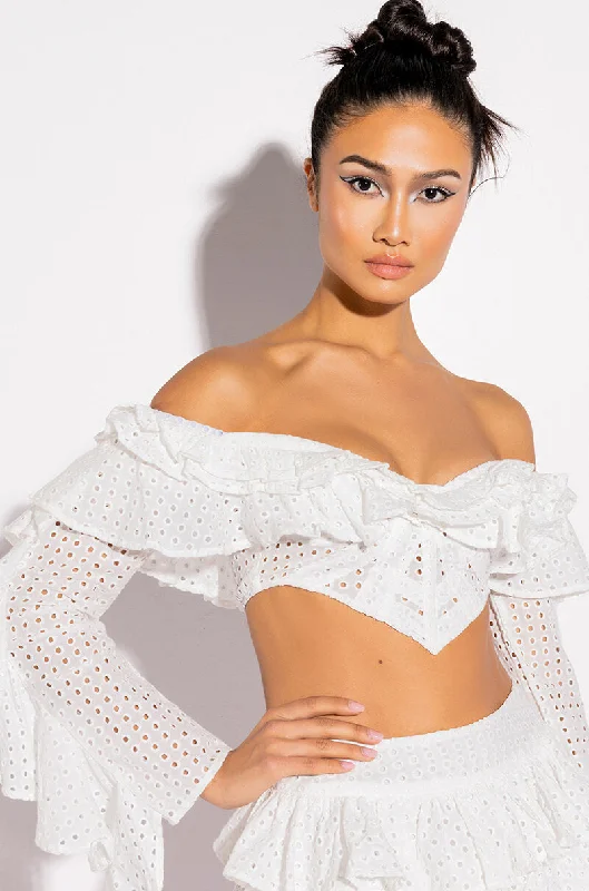 PRETTY LIL THANG EYELET OFF THE SHOULDER BLOUSE Business Casual Blouse