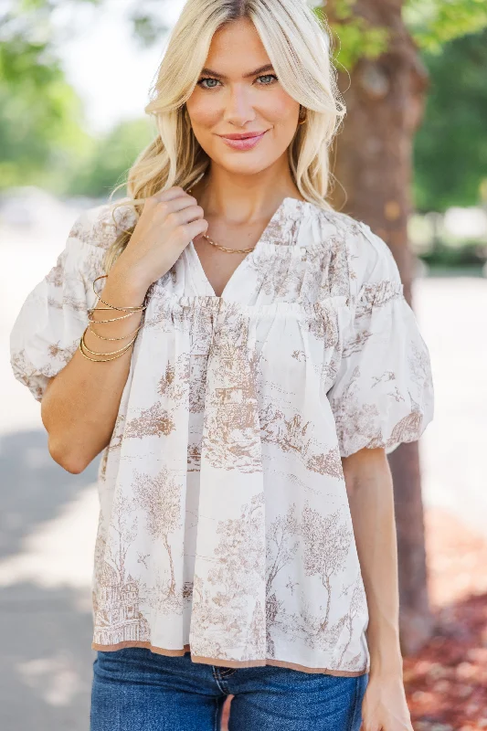 Pull It Together Latte Brown Toile Blouse Soft Pastel Blouse