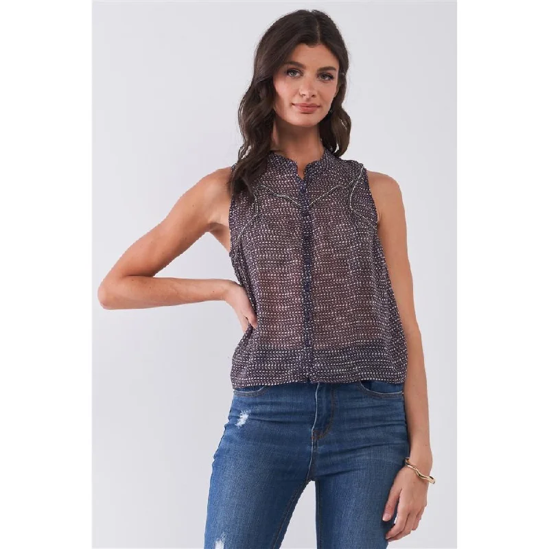 Purple & Multi Sleeveless Mock Neck Front Button Down Sheer Blouse Top Stylish Wrap Blouse