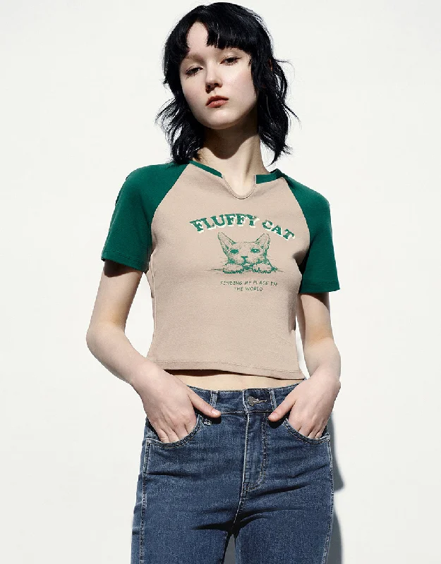 Printed Raglan Sleeve Skinny T-Shirt Fashionable Trendy Casual