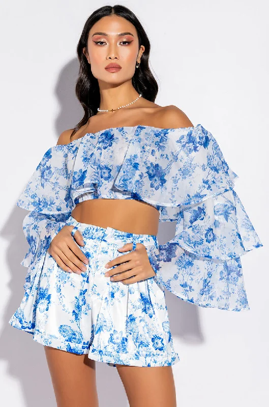 RAISE A GLASS RUFFLE SLEEVE CROPPED OFF THE SHOULDER BLOUSE Loose Oversized Blouse