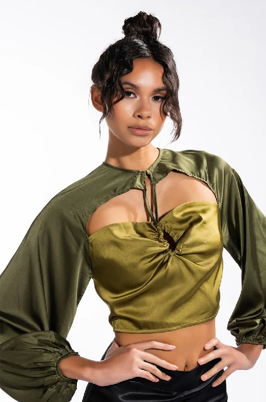 SEEING GREEN BLOUSON SLEEVE CUTOUT SATIN BLOUSE Asymmetric Hem Blouse