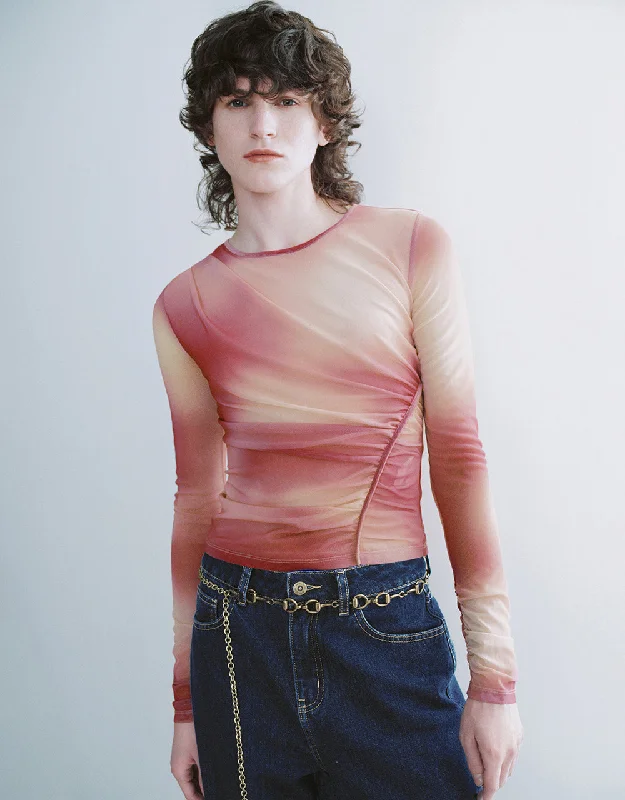 Ruched Printed Crew Neck Skinny T-Shirt Print Jacquard Patchwork