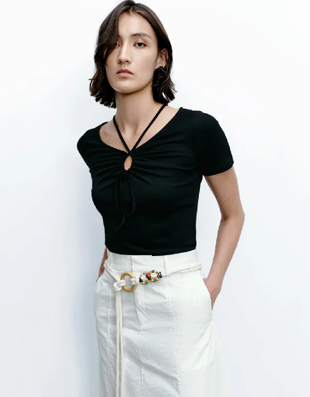 O-Ring V-Neck Skinny T-Shirt Cotton Fabric Linen Fabric Terry Fabric