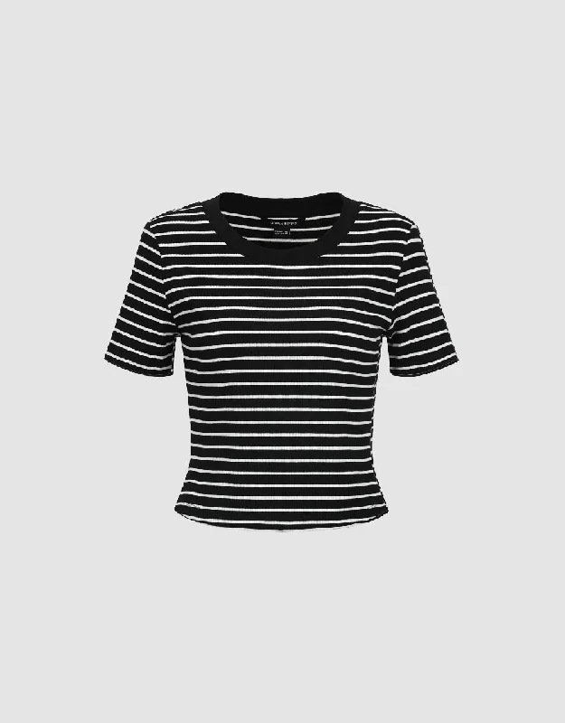Striped Crew Neck Skinny T-Shirt Chenille Blend Fleece Blend Nylon Blend