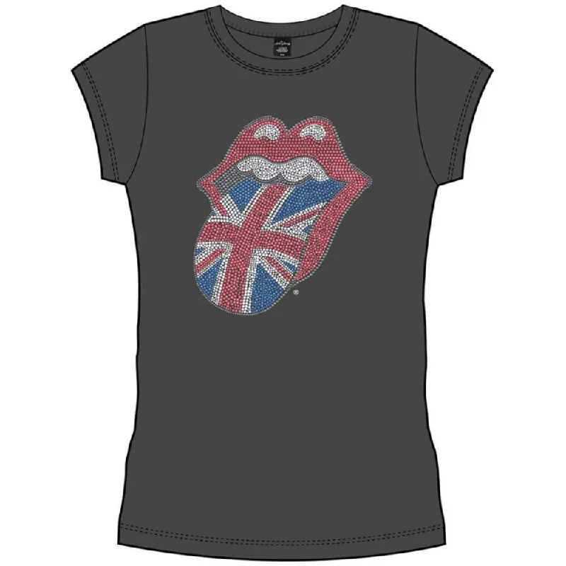 The Rolling Stones Ladies Fashion T-Shirt: Classic UK Tongue (Diamante) Zippered Front Buttoned Front Snap Front The Rolling Stones Ladies Fashion T-Shirt: Classic UK Tongue (Diamante) Zippered Front Buttoned Front Snap Front