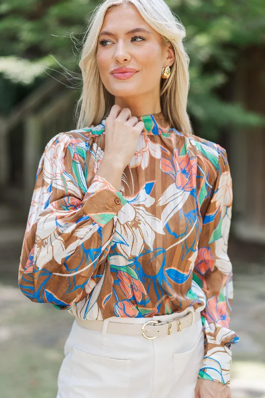 Think It Through Brown Floral Blouse Feminine Pastel Blouse