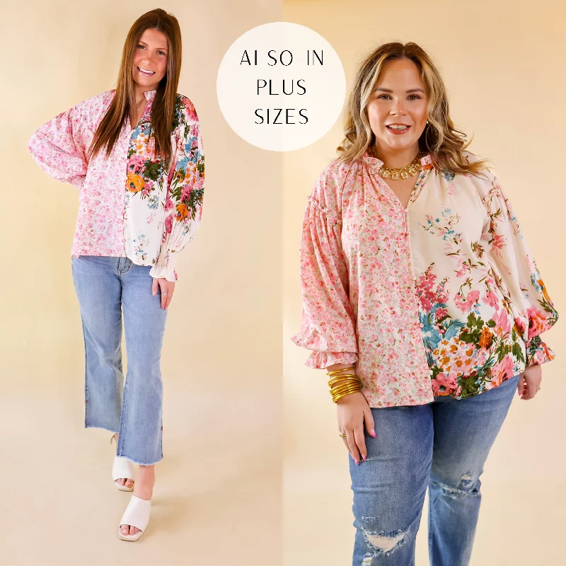 Tulip Time Floral Mix Print Button Up Blouse in Pink Delicate Bow Blouse