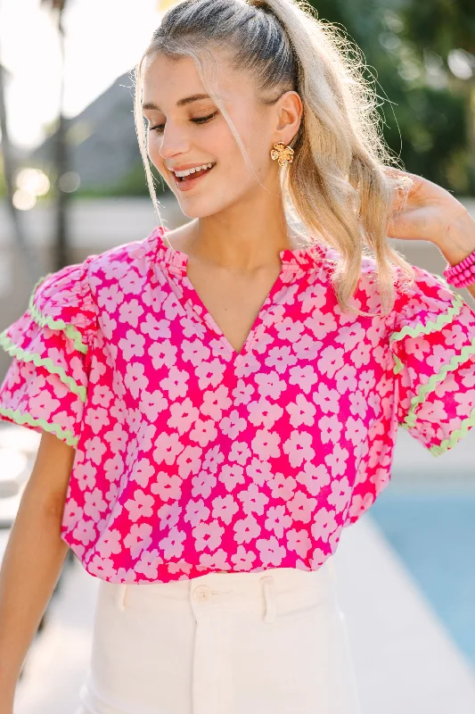 Waiting For You Pink Floral Blouse Feminine Ruffle Blouse